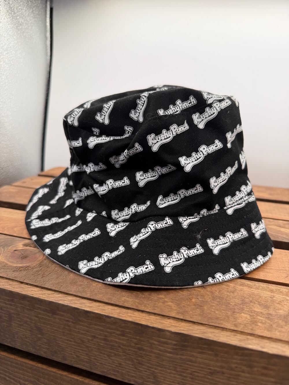 KushyPunch Reversible Bucket Hat - Black White All Over Print Logo -Unisex Merch